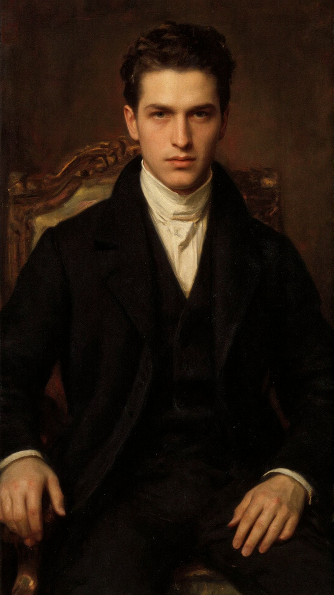 an oil painting portrait of a young Italian handsome man with a strong,  confident demeanor. He has neatly styled dark hai...