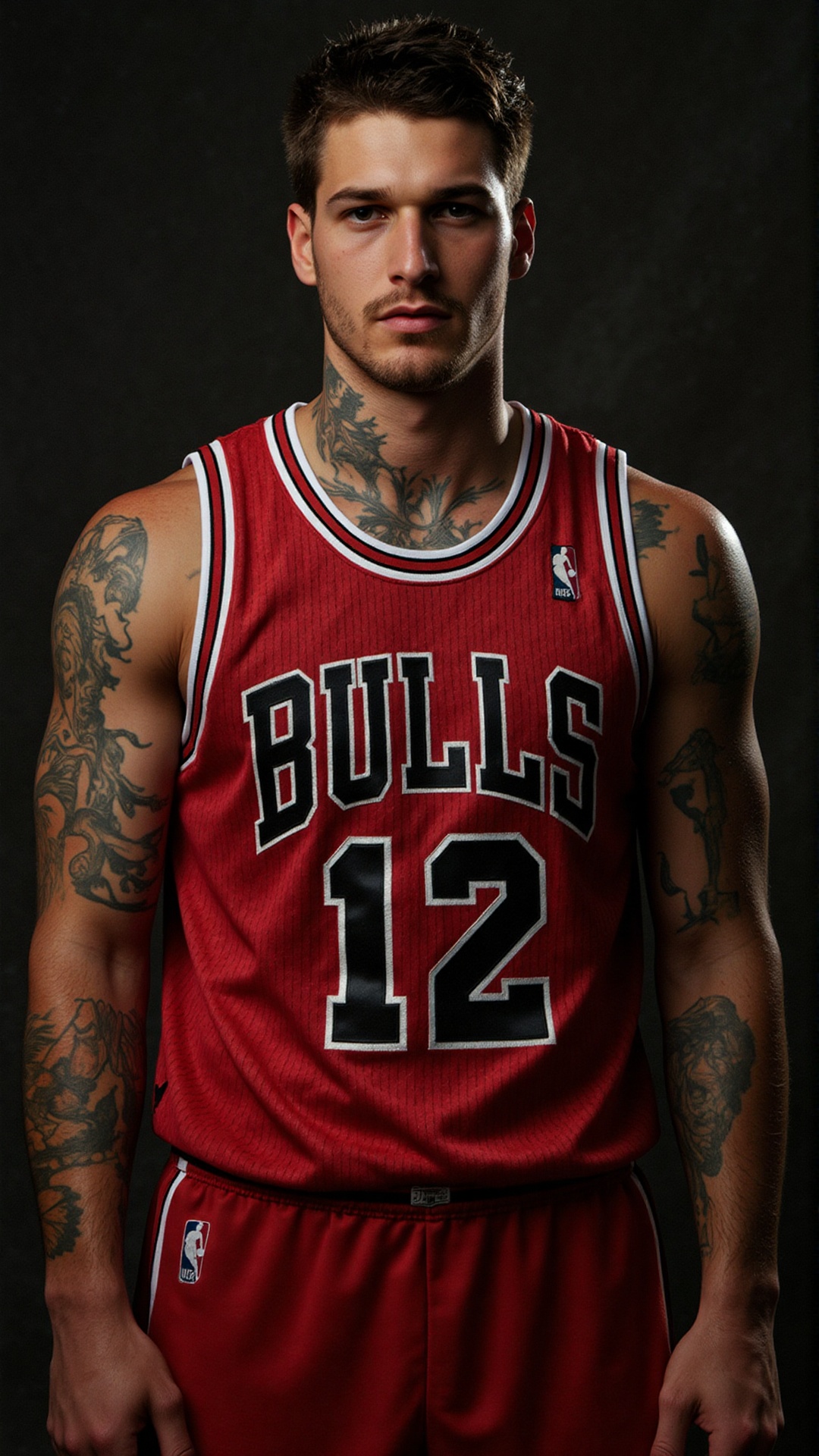 A stunning shot of a 20-year-old Caucasian basketball player,  drenched in sweat,  wearing a red Chicago Bulls NBA jersey...