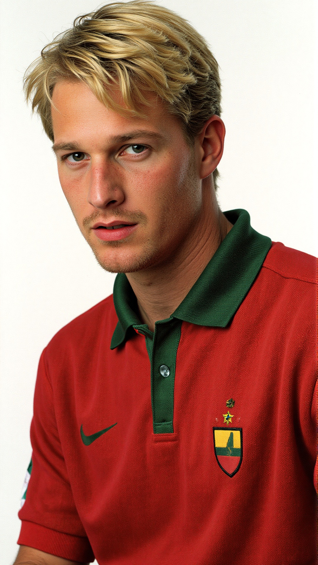 Captured at eye-level,  a close-up shot of a soccer player,  dressed in a red and green jersey on Tensor.Art