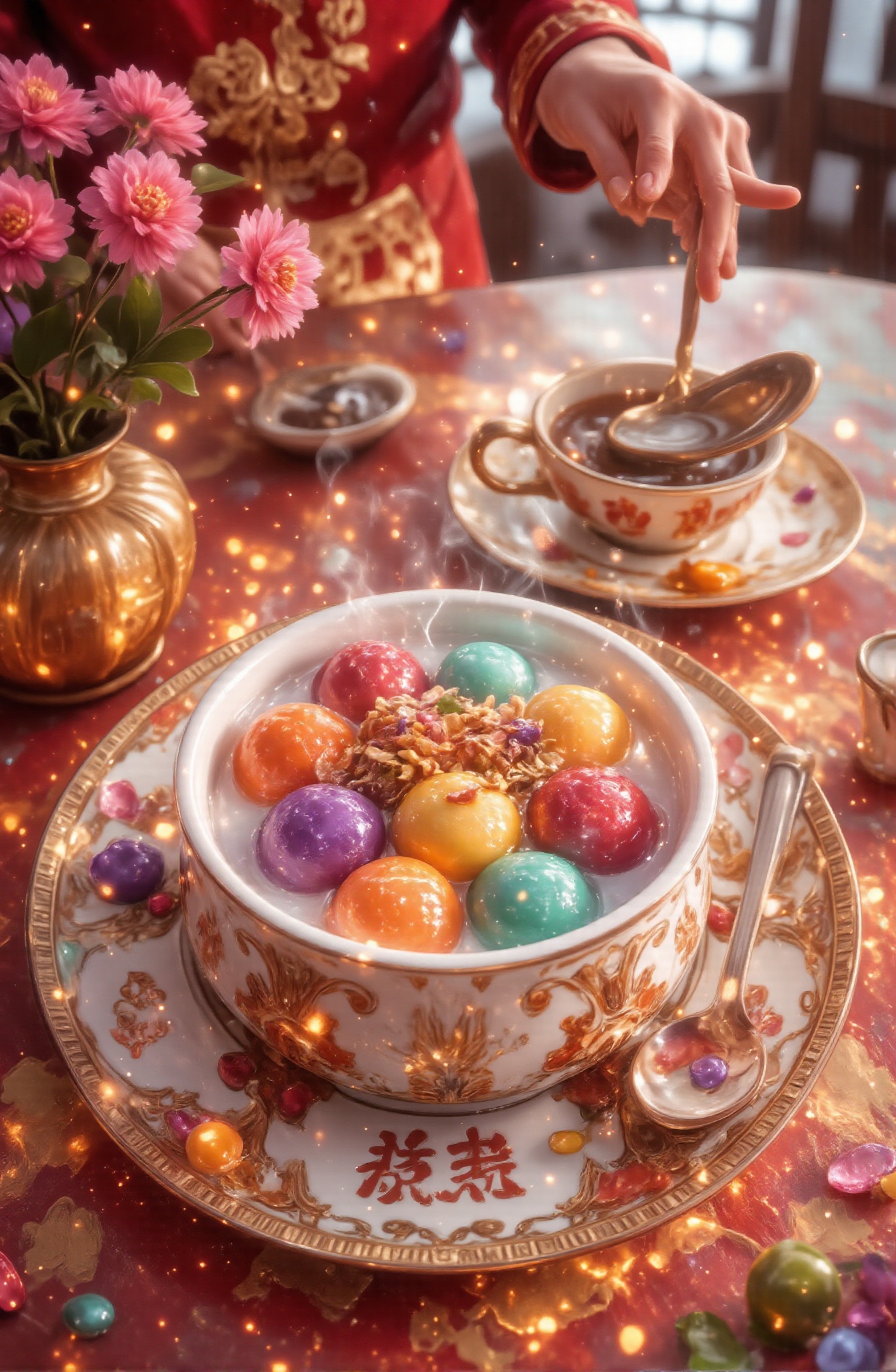 Score_9,  Close-up: A bowl of special glutinous rice balls with mixed flavors on the table. The glutinous rice balls are i...