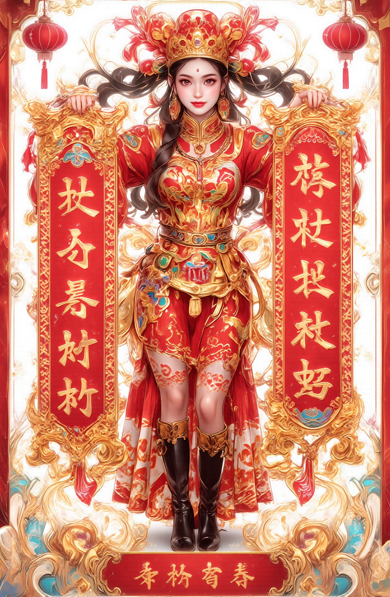 Score_9 is a tarot card that tells the story of a close-up of a beautiful woman wearing a gorgeous red and gold God of Wea...
