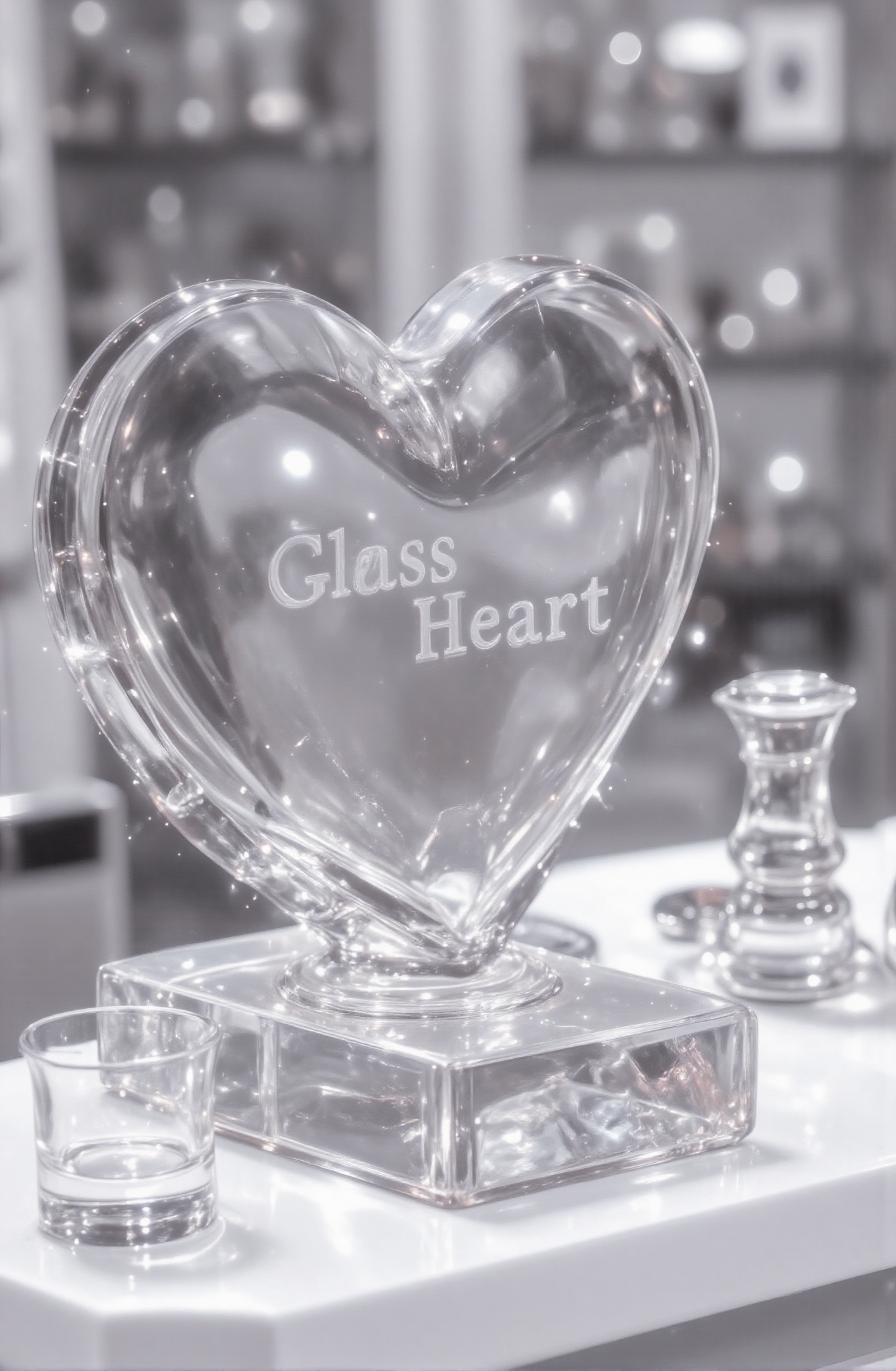 Score_9,  Close-up: A transparent heart-shaped container made of glass. The transparent surface of the material is smooth...