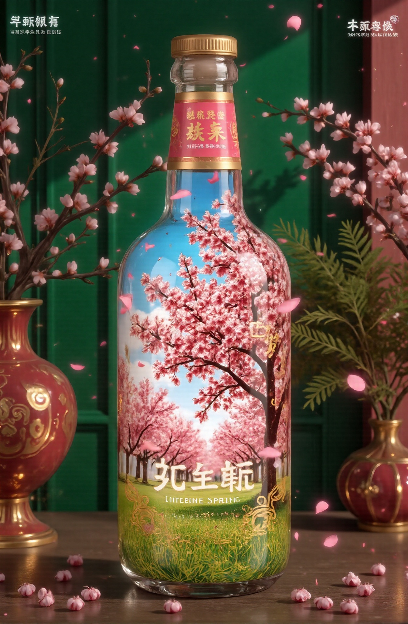 Score_9,  Desktop close-up,  creating a beautiful spring mockup in a glass bottle. In spring on Tensor.Art