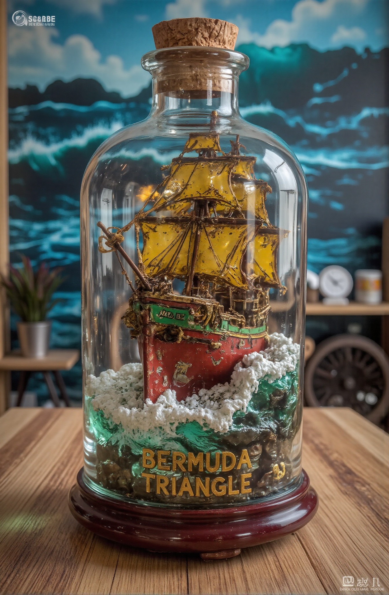 Score_9,  Close-up on table,  creating a beautiful model of a shipwreck in a glass bottle. The wreckage was brightly color...