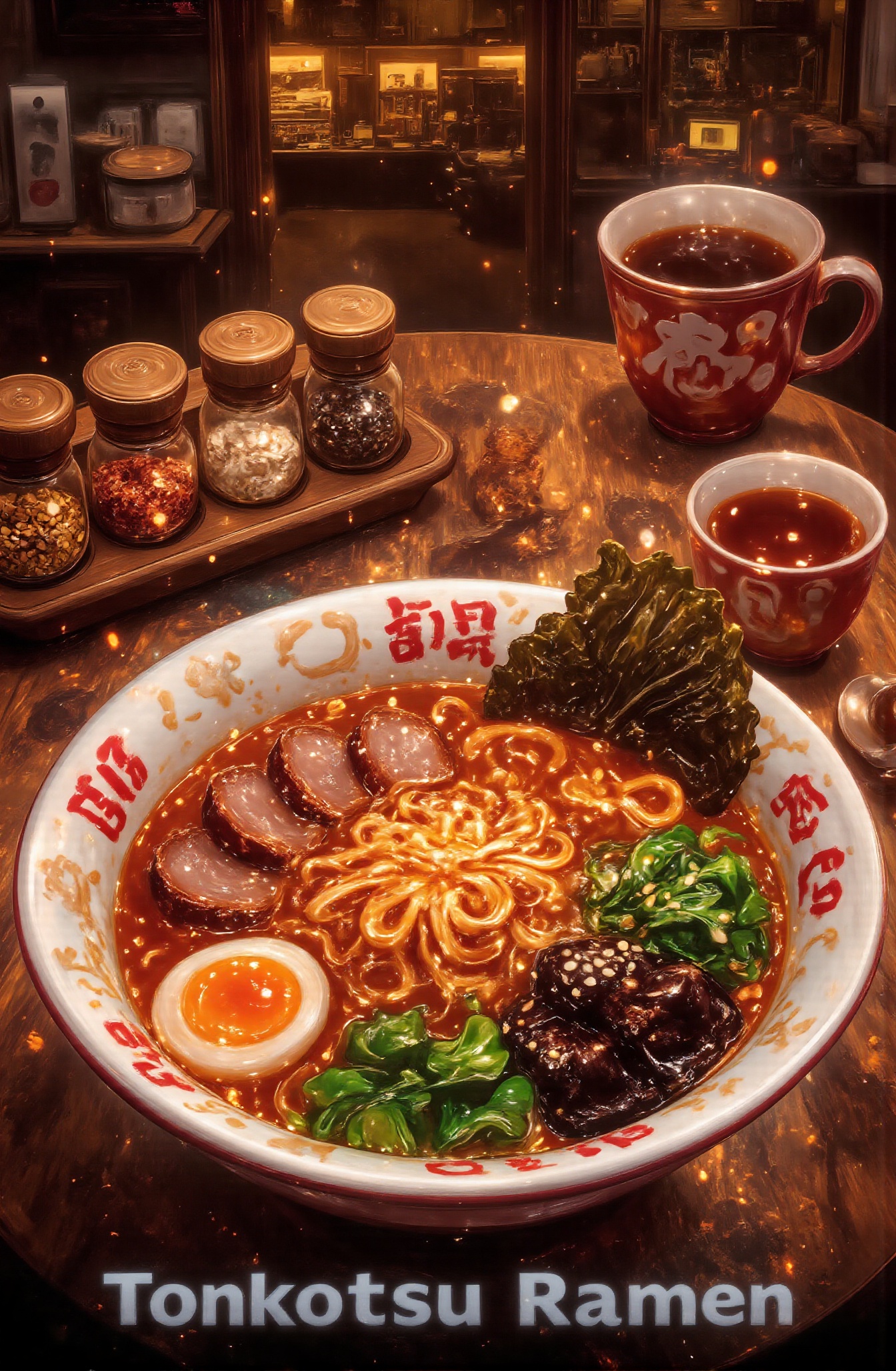 Score_9,  Close-up: There is a bowl of hot ramen on the table. The ramen soup is made from pork bone broth seasoned with s...