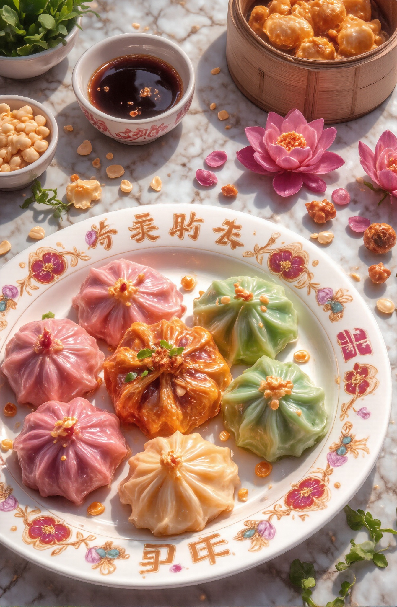 Score_9,  Close-up: A plate of lotus seed-flavored special dumplings on the table. The dumplings come in three colours: li...