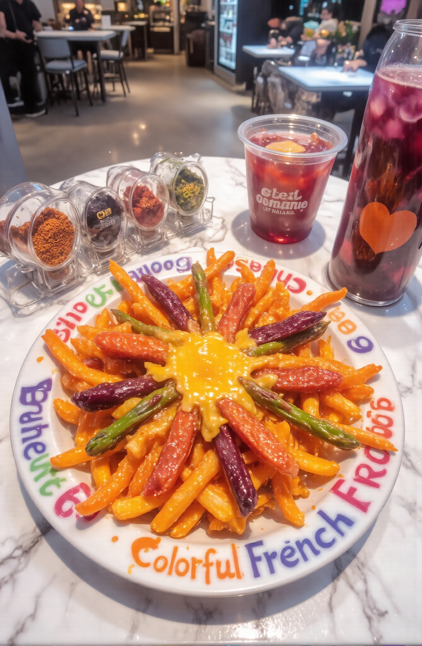 Score_9,  Close-up: A plate of fried food with mixed flavors on the table. There are six colors of fried food: light yello...