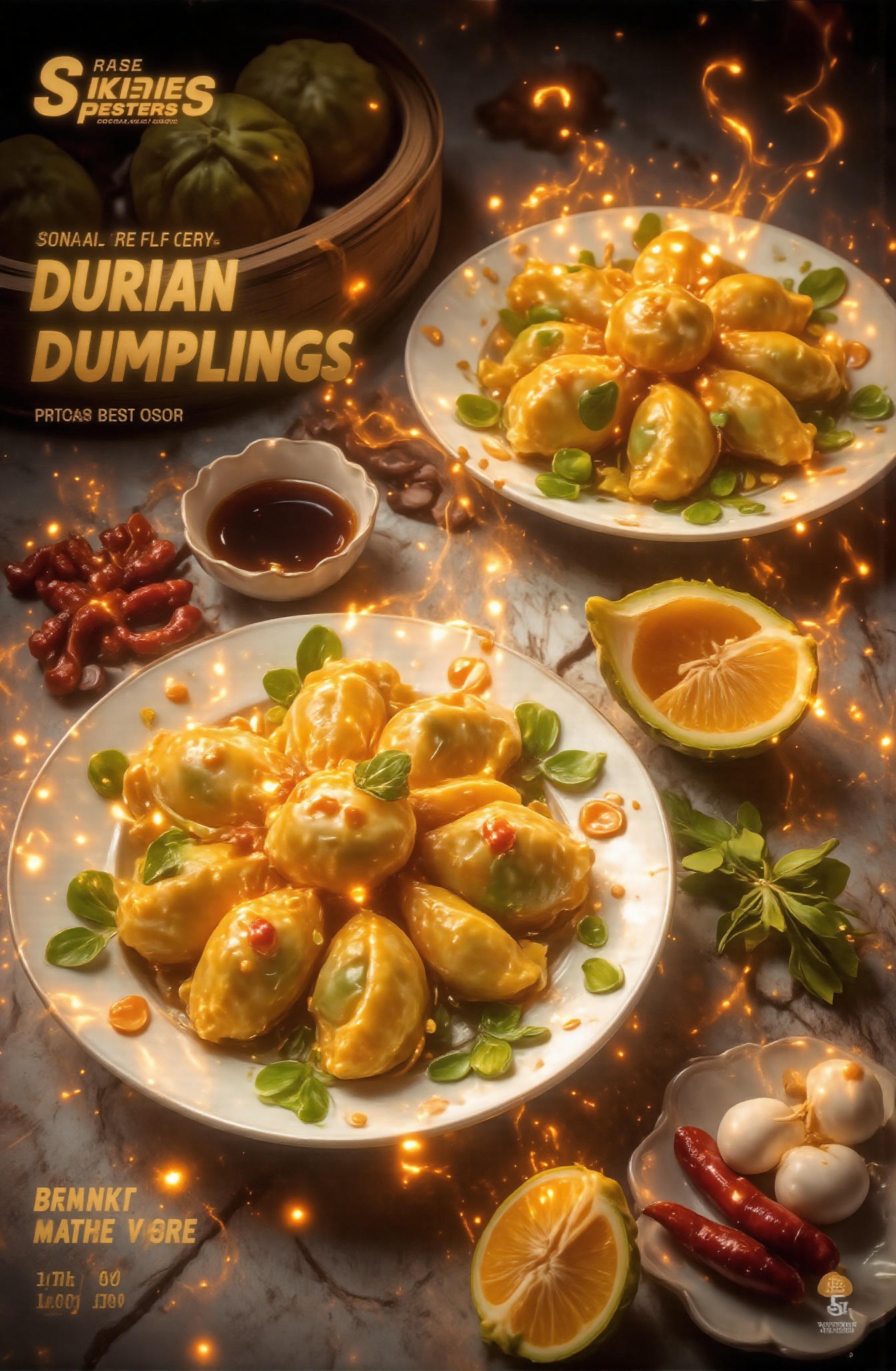 Score_9,  Close-up: There is a plate of special flavored dumplings with durian flavor on the table,  and a slice of cut du...