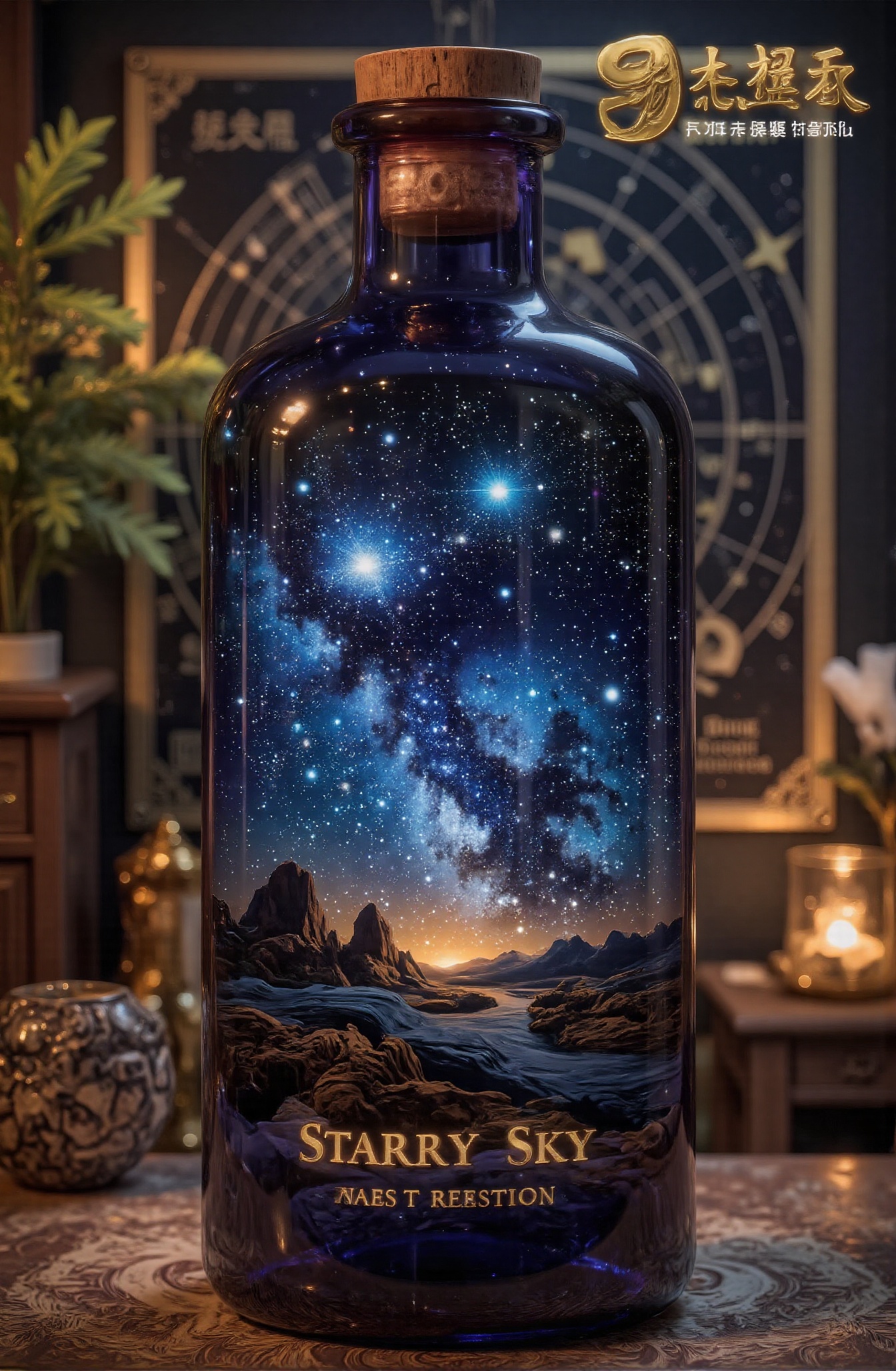 Score_9,  Close-up on the table,  creating a beautiful model of a starry sky in a glass bottle. The starry sky is brightly...