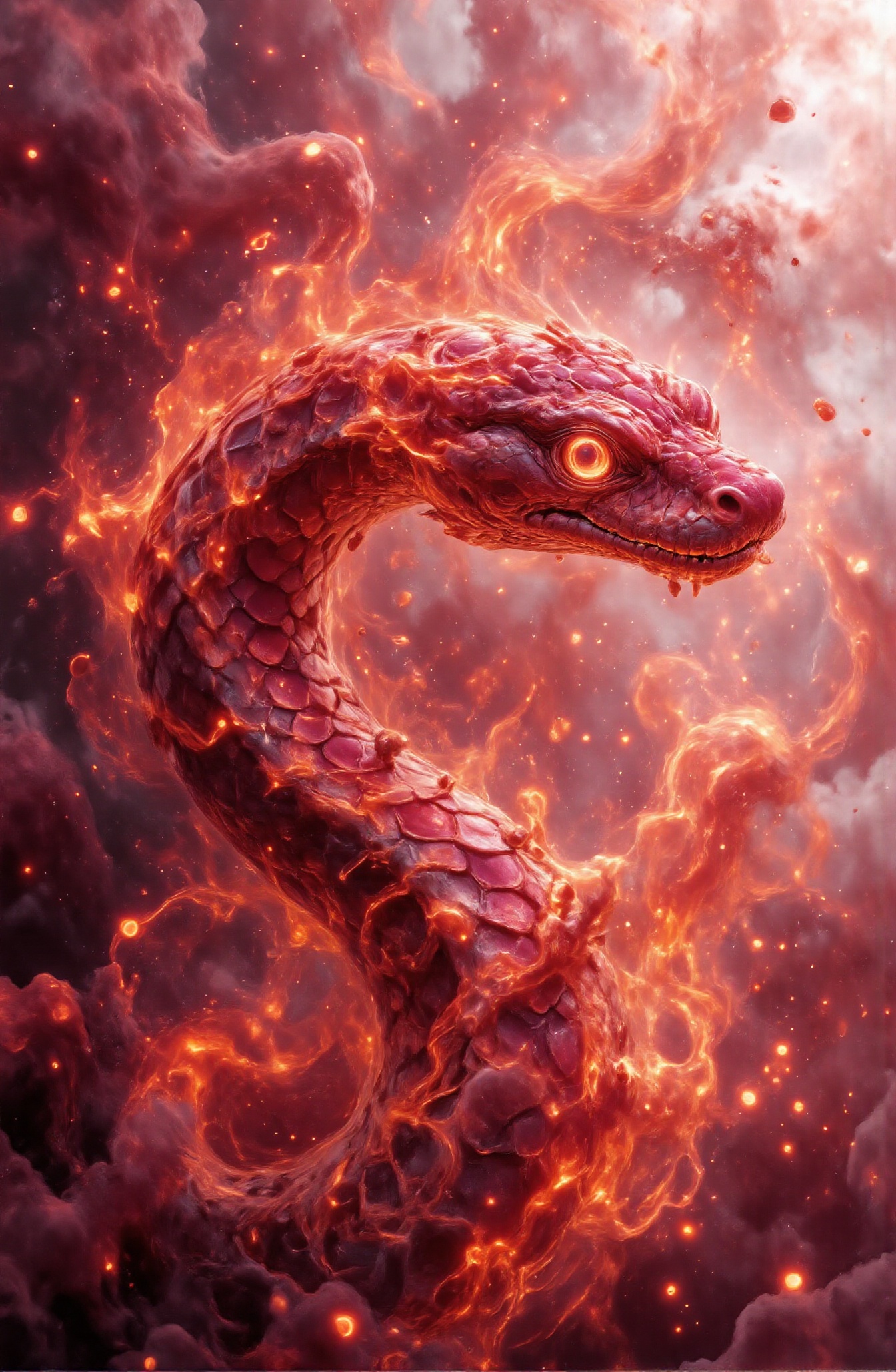 Close-up: A powerful flaming red snake with beautiful scales and deep eyes is coiled in front of the treasure house,  star...