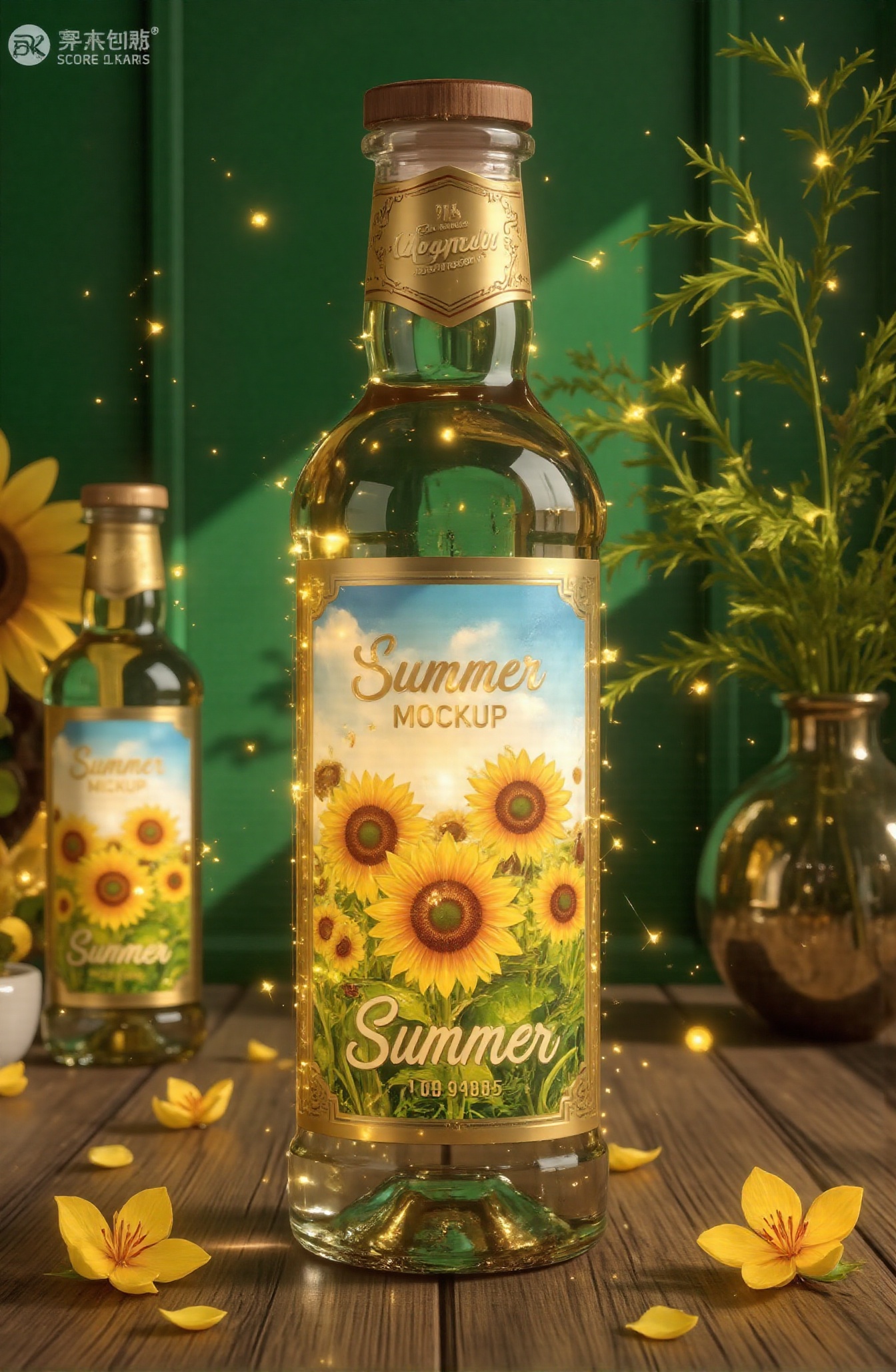 Score_9,  Desktop close-up,  Beautiful summer mockup in glass bottle. In the summer on Tensor.Art