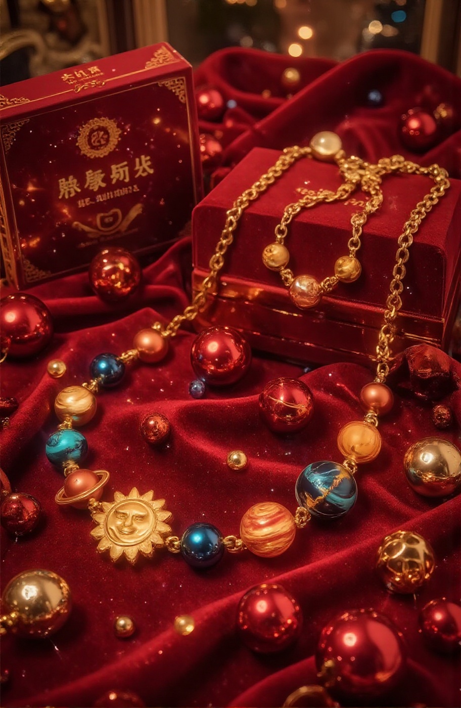 Beautiful colorful special shape gold necklace closeup. Well designed presentation and eye-catching colorful planet gold n...