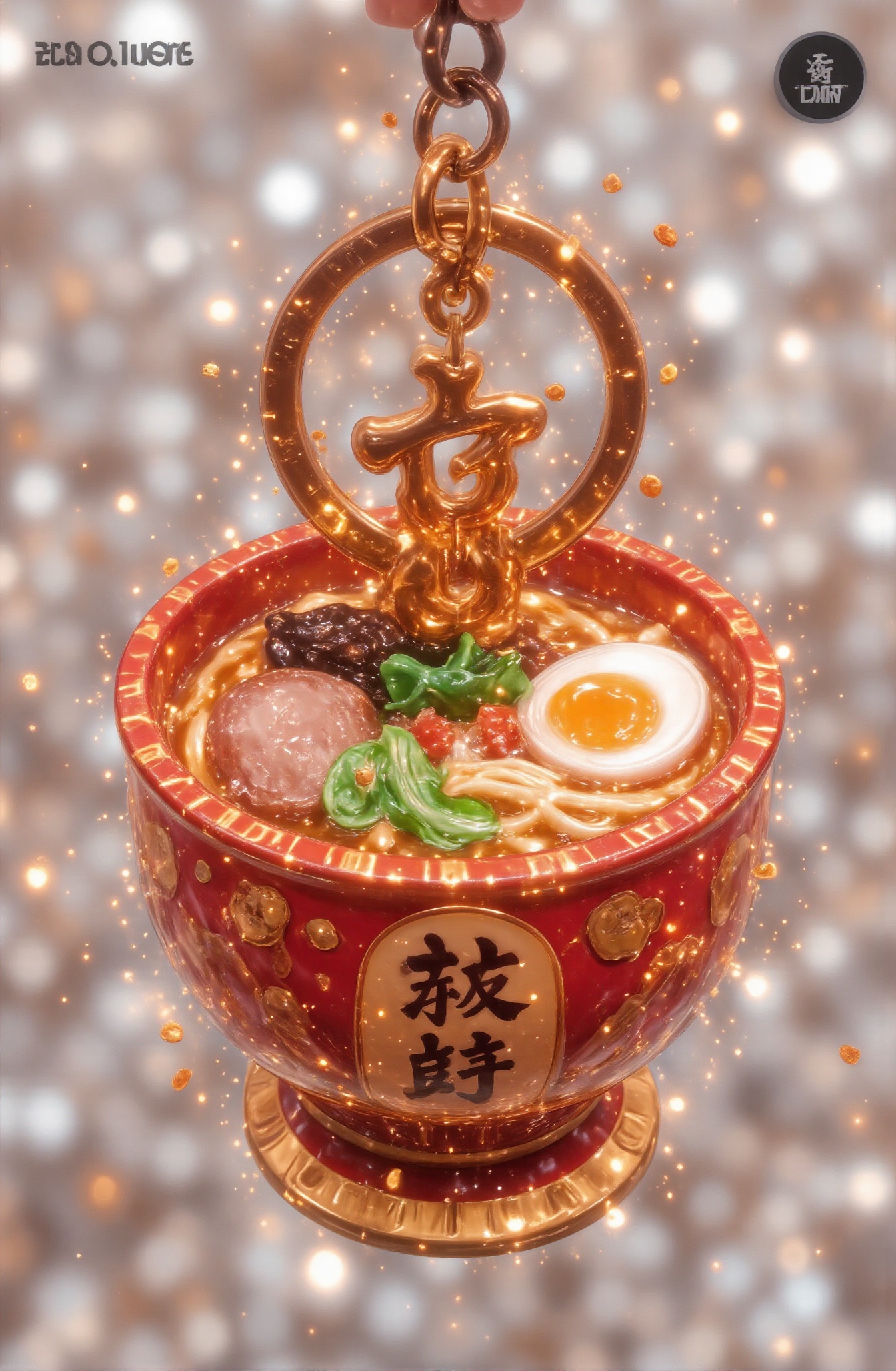 Score_9,  Close-up: A keychain in the shape of a bowl of tonkotsu ramen. The ramen soup is made from pork bone broth with...
