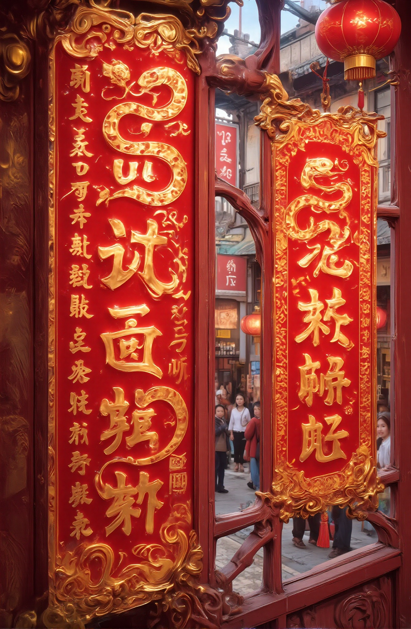 Close-up of gorgeous red and gold Spring Festival couplets on the wall. A red Spring Festival couplet is pasted on the wal...