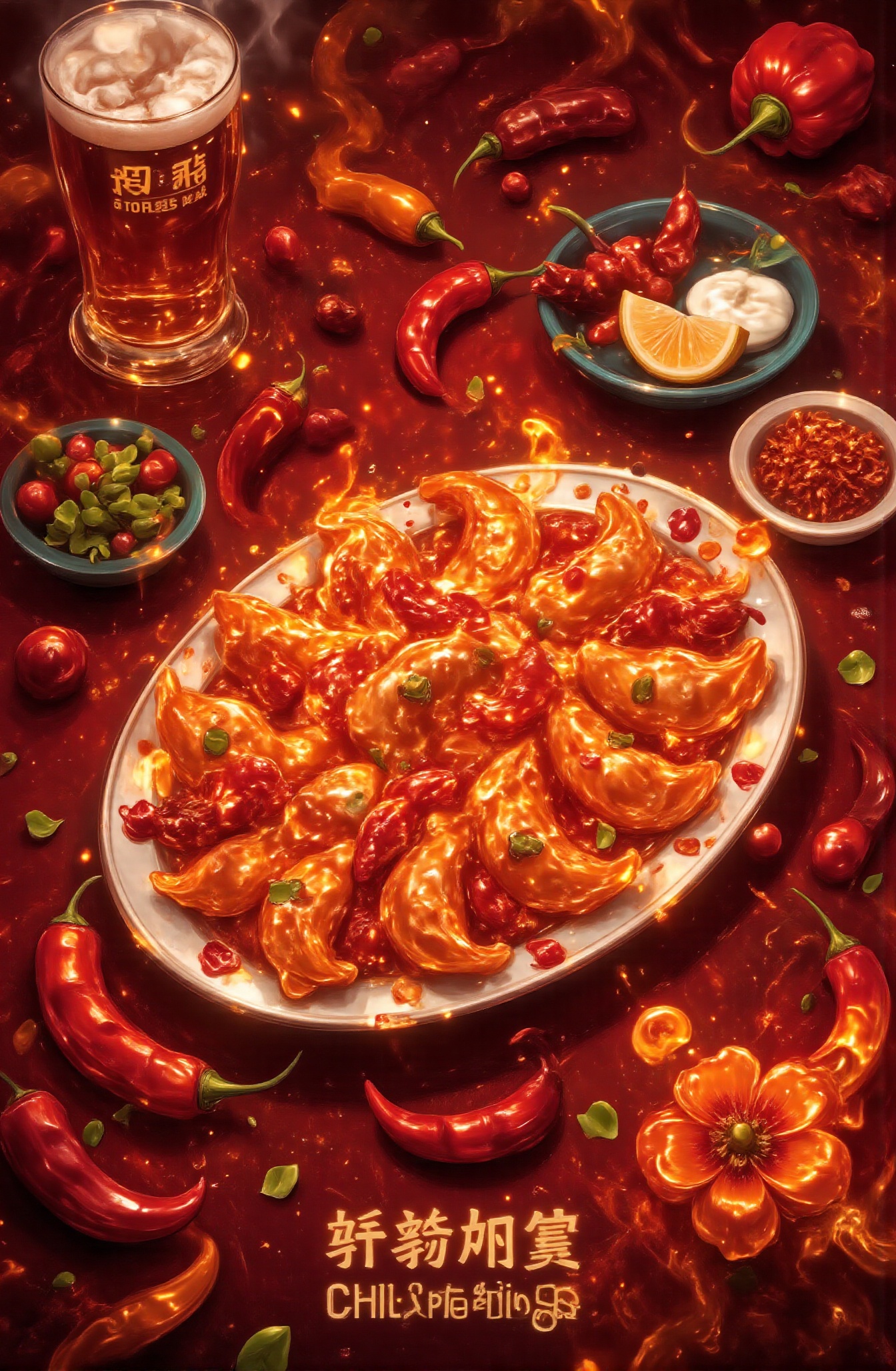 Score_9,  Close-up: A plate of special flavor dumplings with chili flavor and color on the table,  and many different kind...