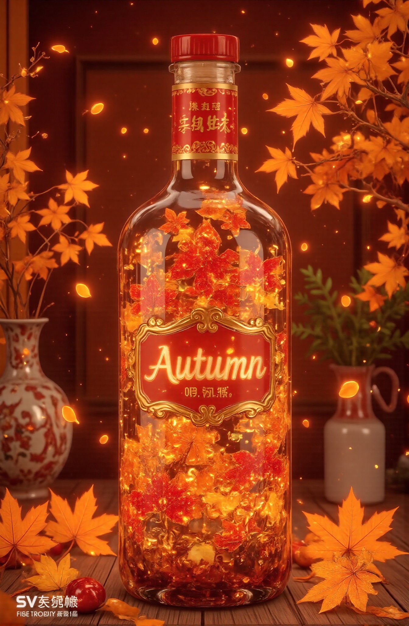 Score_9,  Desktop close-up,  creating a beautiful autumn model in a glass bottle. In autumn on Tensor.Art
