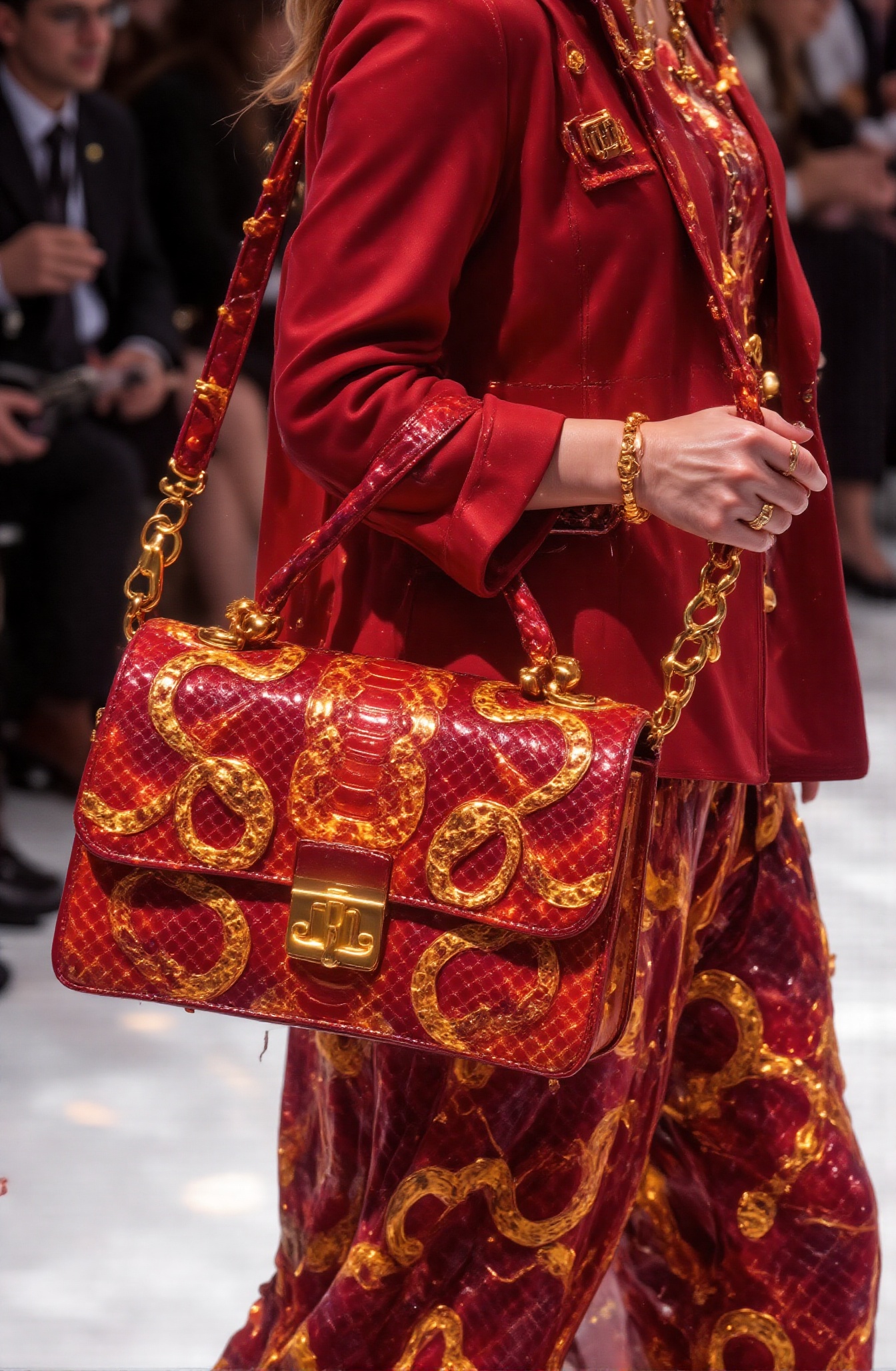 Close up of a gorgeous red leather Year of the Snake handbag. The handbag exudes the unique luster of leather and features...