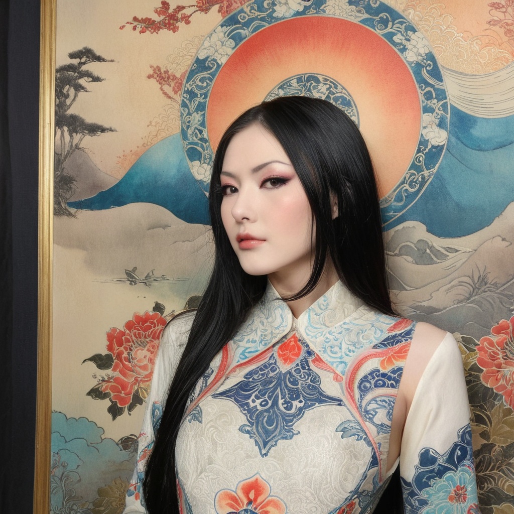 1 Petite girl,  realistic figures in the foreground,  Ukiyo-e painting in the background an art deco painting:0.25 a photo...