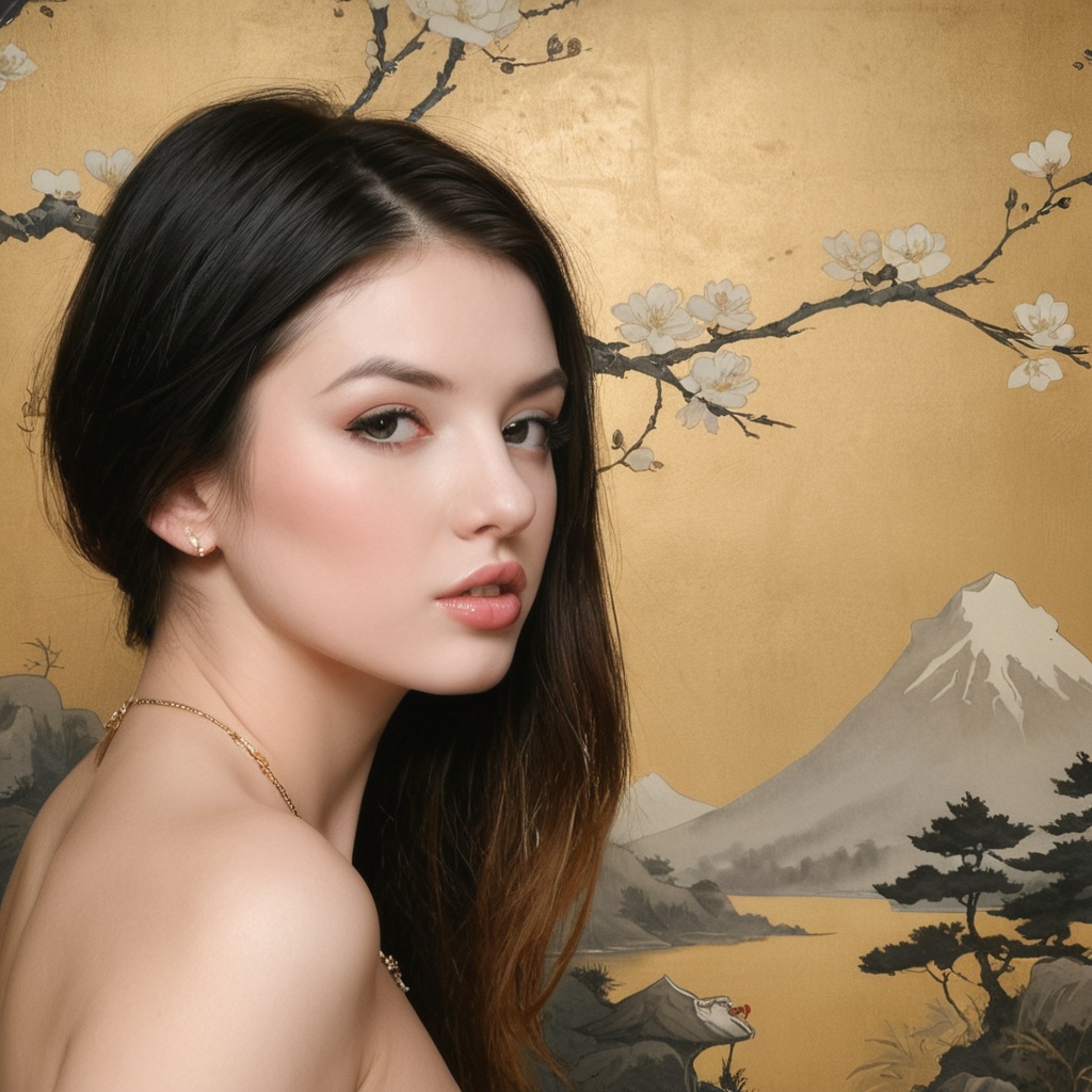 1 Petite girl,  realistic figures in the foreground,  Ukiyo-e painting in the background an art deco painting:0.25 a photo...
