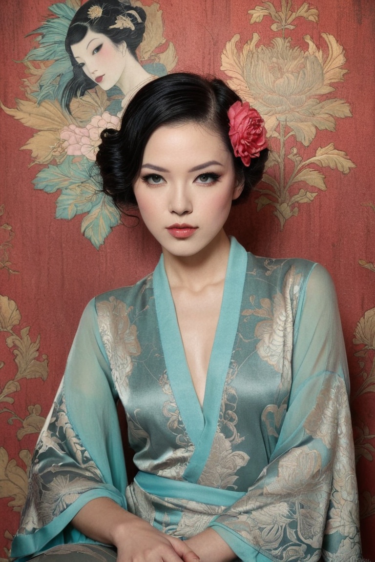 1 Petite girl,  realistic figures in the foreground,  Ukiyo-e painting in the background an art deco painting:0.25 a photo...