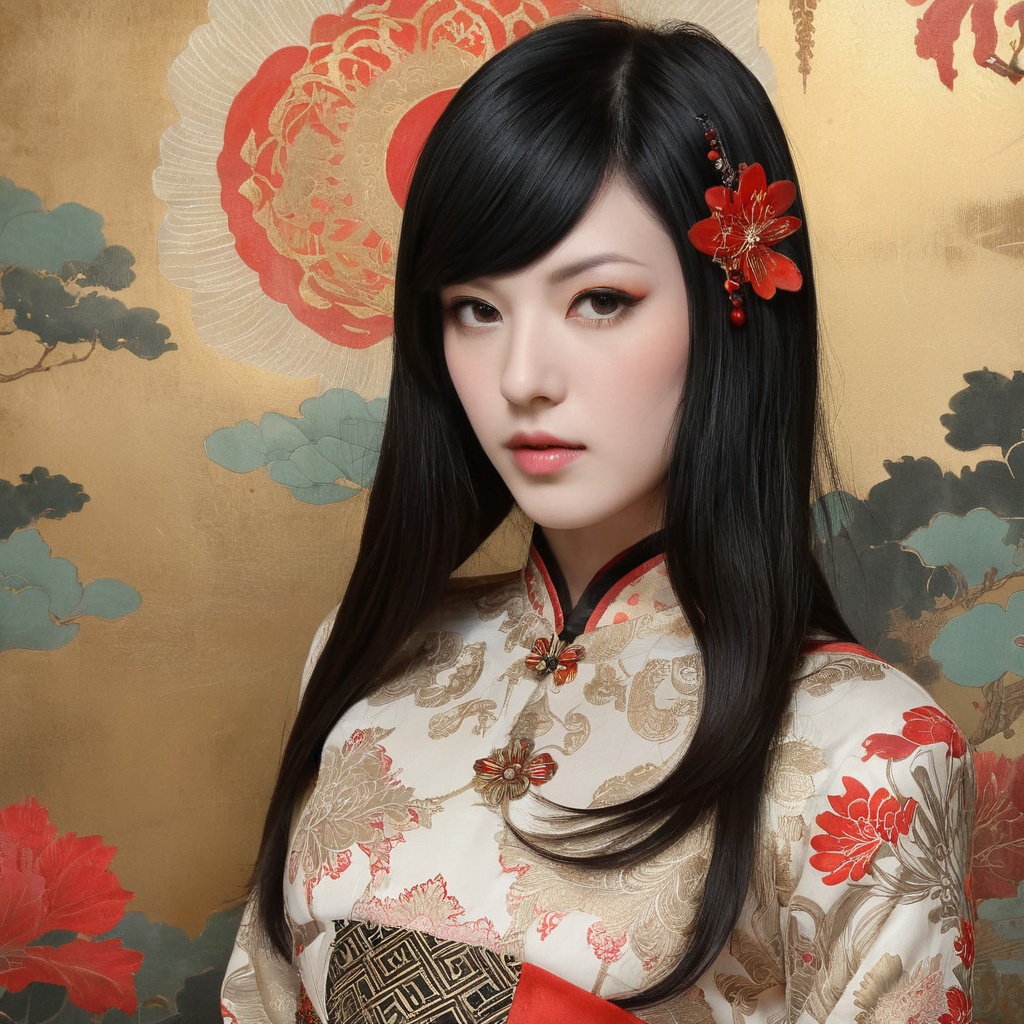 1 Petite girl,  realistic figures in the foreground,  Ukiyo-e painting in the background an art deco painting:0.25 a photo...