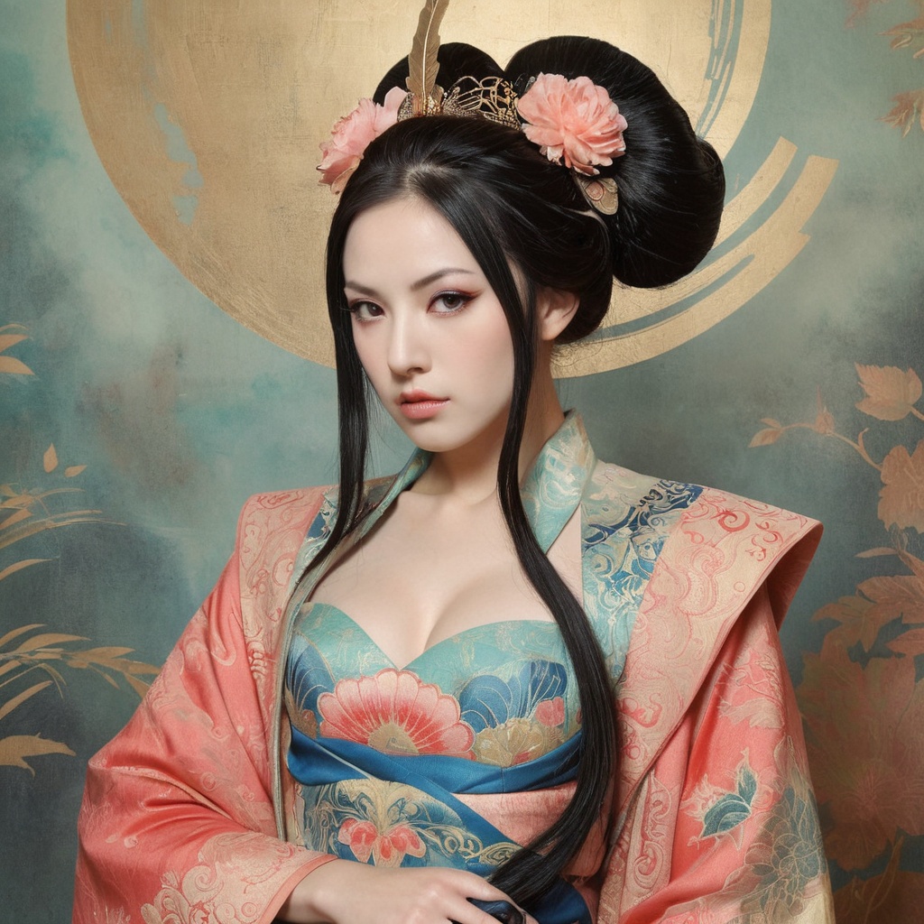 1 Petite girl,  realistic figures in the foreground,  Ukiyo-e painting in the background an art deco painting:0.25 a photo...