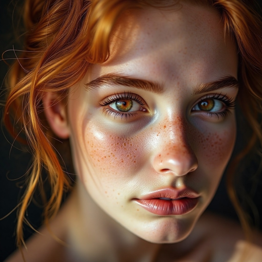 This captivating portrait showcases a close-up of a young woman whose striking amber eyes are a window into her soul. The...