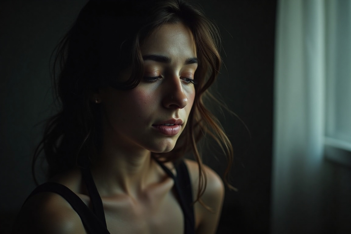 In the quiet hush of the room,  an evocative silence encompasses the young woman. With eyes gently shut,  she appears both...