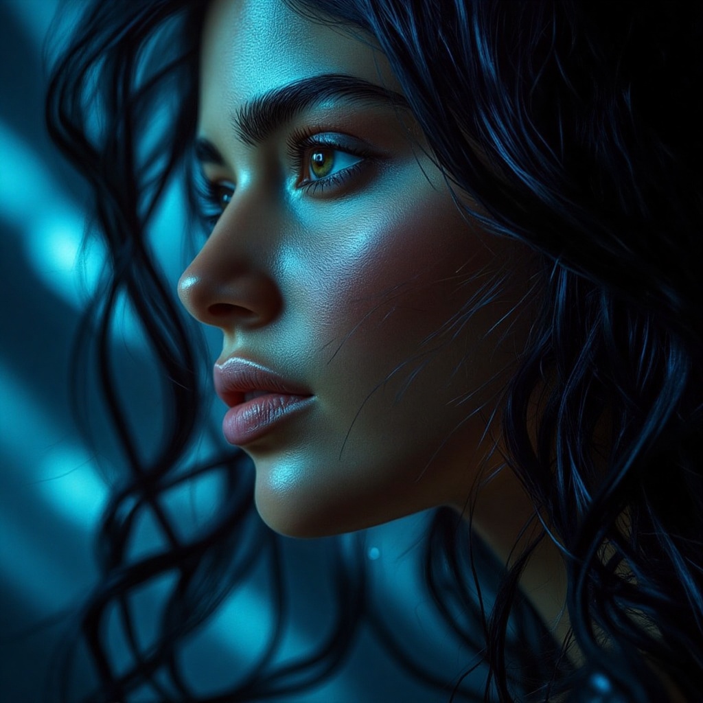 This striking image captures a woman's intense and enigmatic gaze as she looks off into the distance. Her dark hair,  stre...