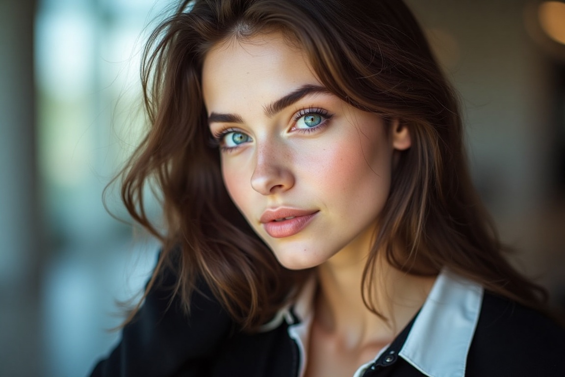 The portrait captures a young woman exuding a serene and contemplative expression. Her striking blue eyes are a focal poin...