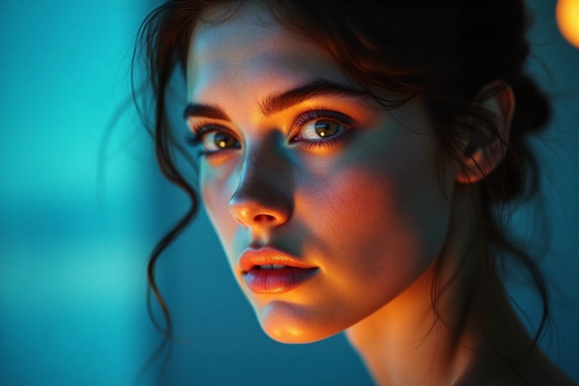 In this striking close-up,  the young woman's piercing gaze commands the viewer's attention,  her eyes filled with an inte...