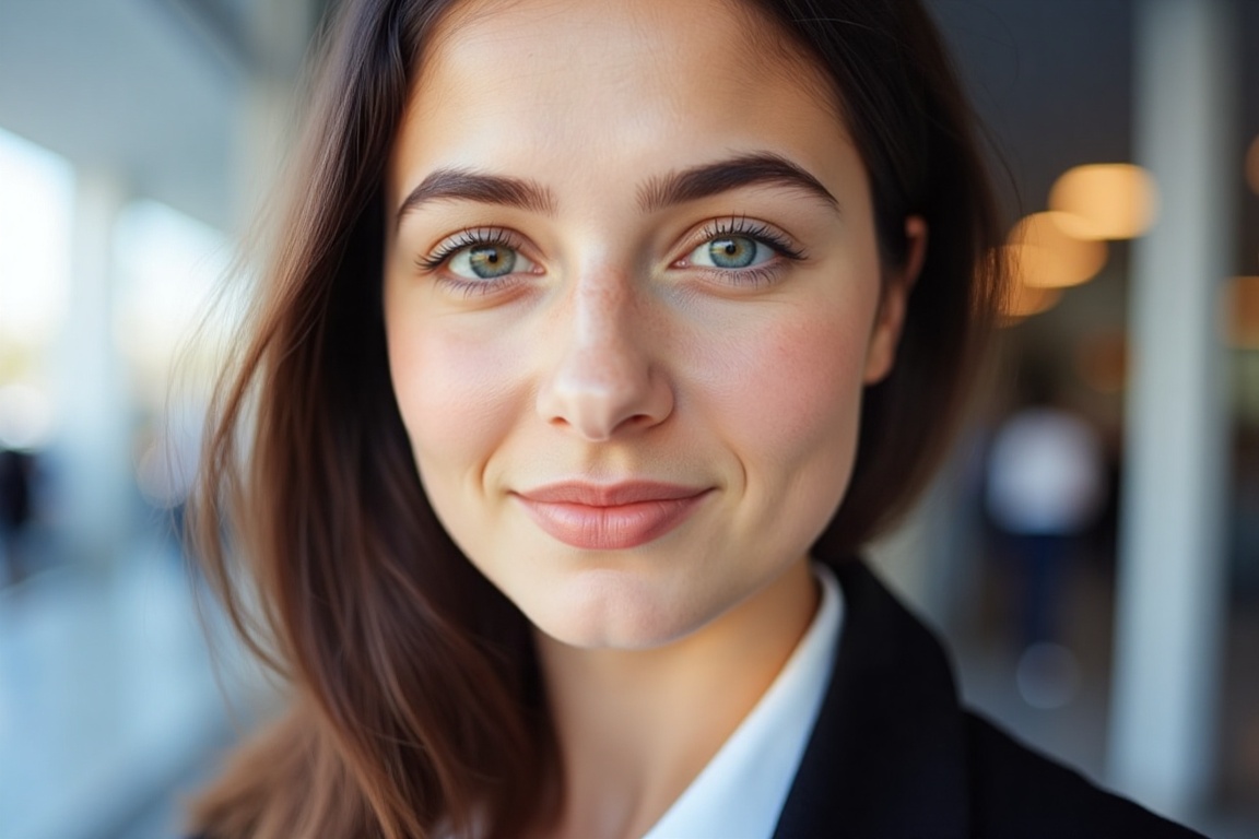 The portrait captures a young woman exuding a serene and contemplative expression. Her striking blue eyes are a focal poin...
