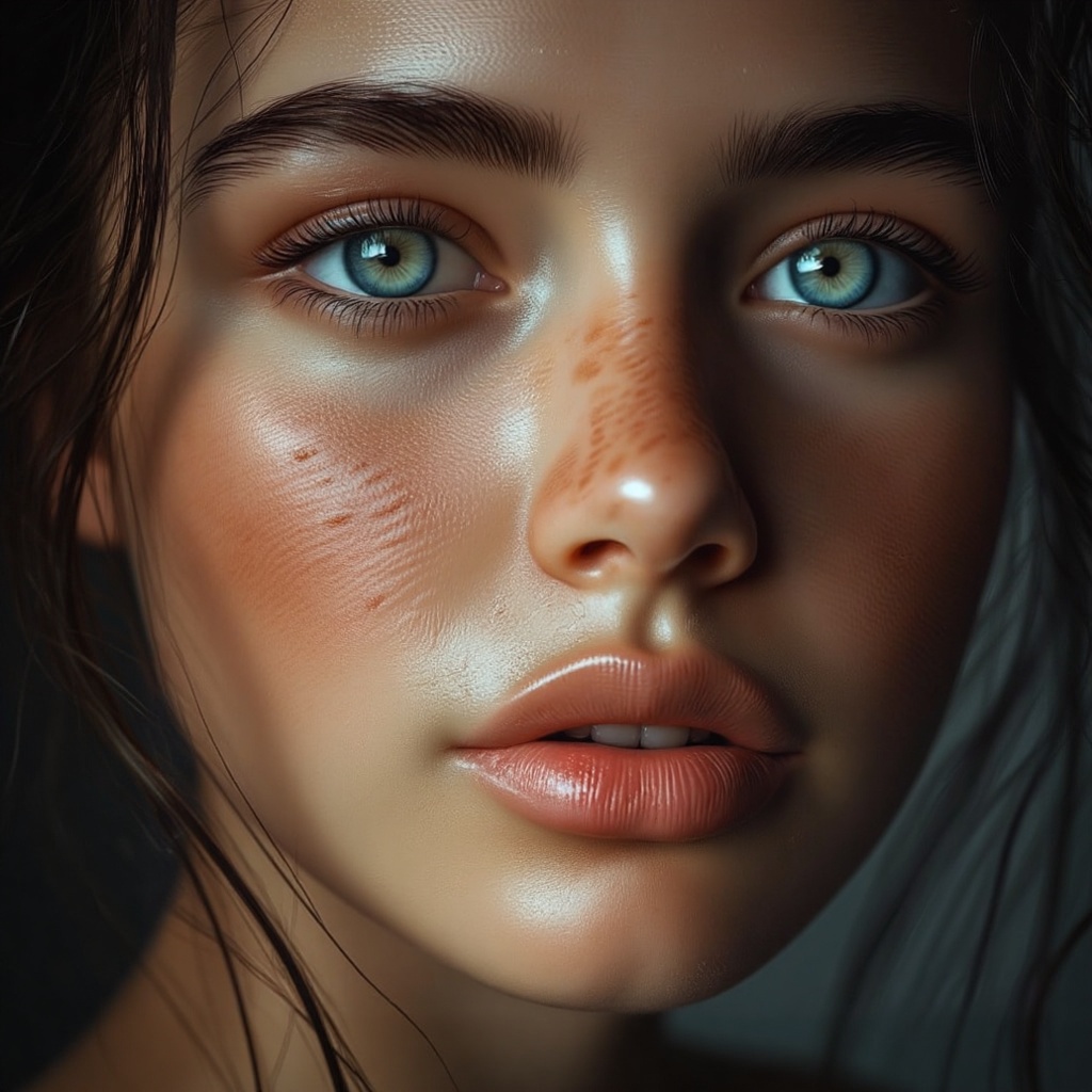 The portrait showcases the delicate features of a young girl,  highlighting her vivid blue eyes that draw attention instan...