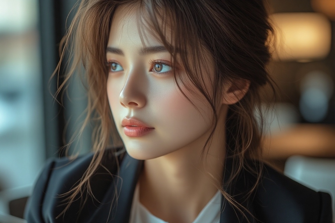 The portrait captures a young woman exuding a serene and contemplative expression. Her striking blue eyes are a focal poin...