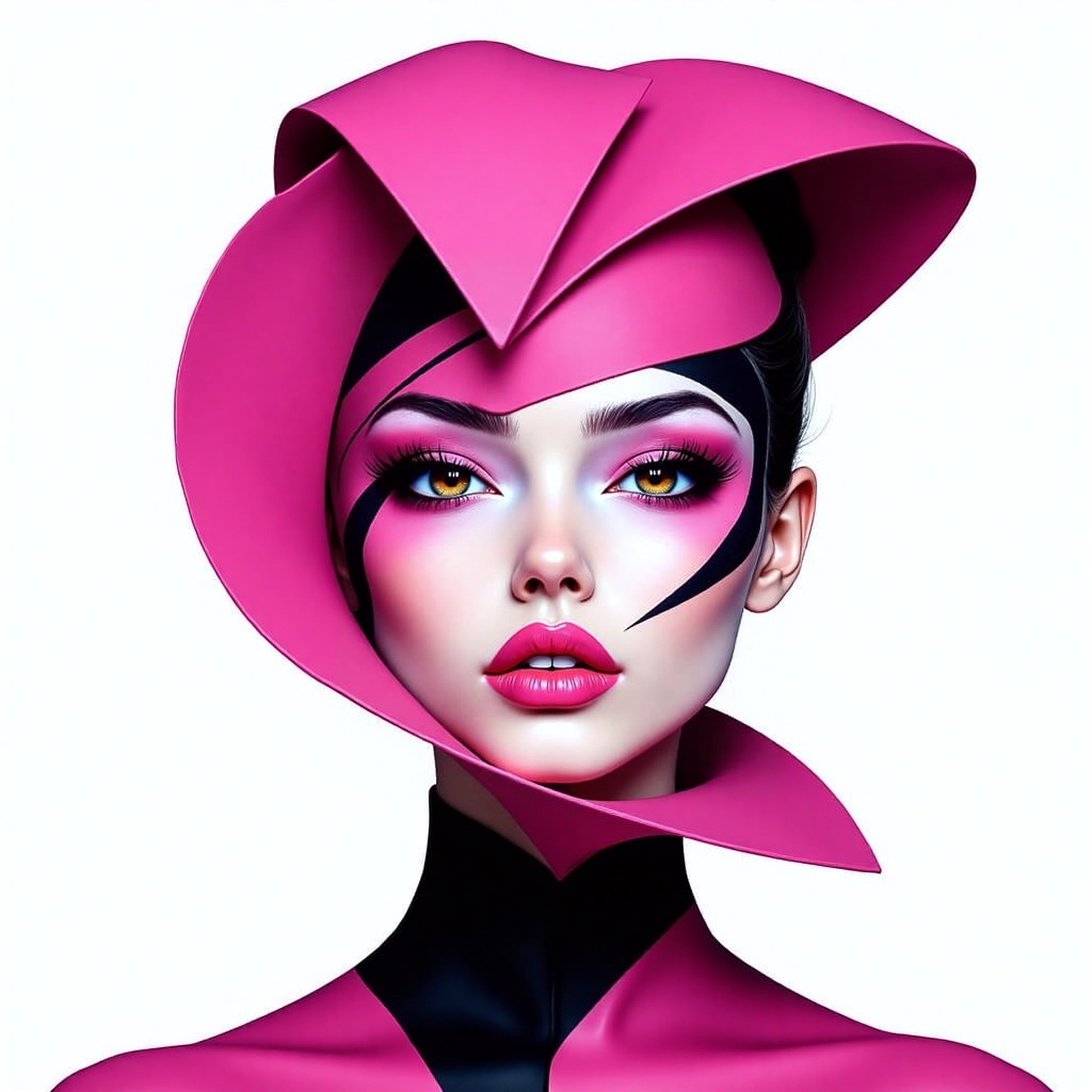 A striking artistic creation merges bold geometric patterns with flowing pink and black elements in a contemporary anime s...