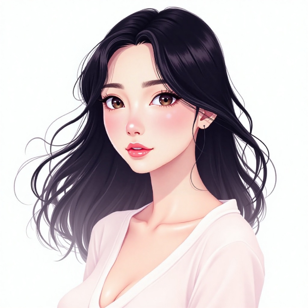 Delicate pixel art brings to life an ethereal portrait in classic anime style. Flowing black hair frames the composition,...