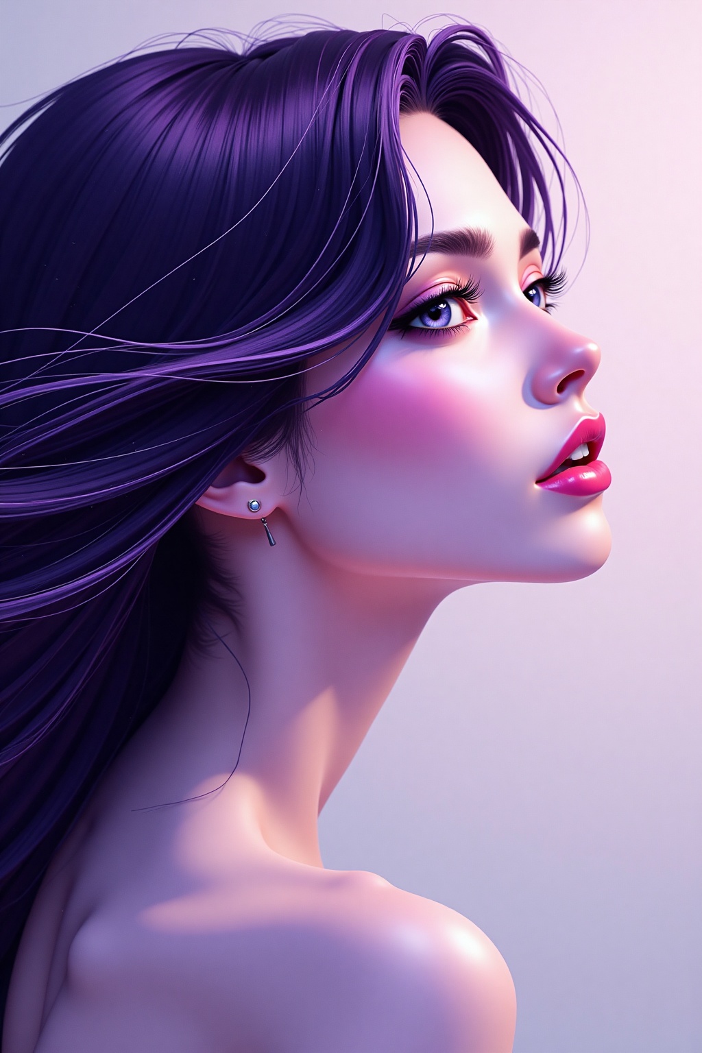 Flowing purple-black hair cascades through space like silk ribbons in the wind. Sharp,  elegant features emerge from a gra...