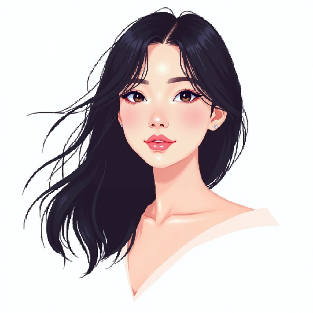 Delicate pixel art brings to life an ethereal portrait in classic anime style. Flowing black hair frames the composition,...