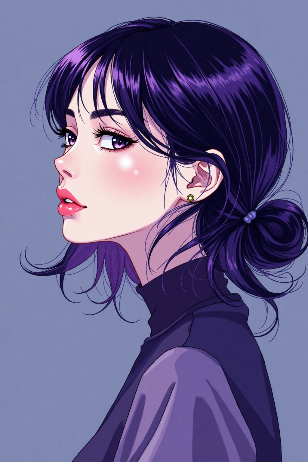 A stunning side profile emerges from a minimal steel blue background,  showcasing elegant manga-inspired artistry. Flowing...