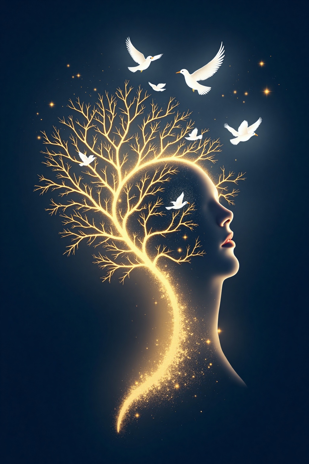 A luminous golden glow radiates against the midnight blue darkness,  revealing a delicate profile merged with nature's ess...