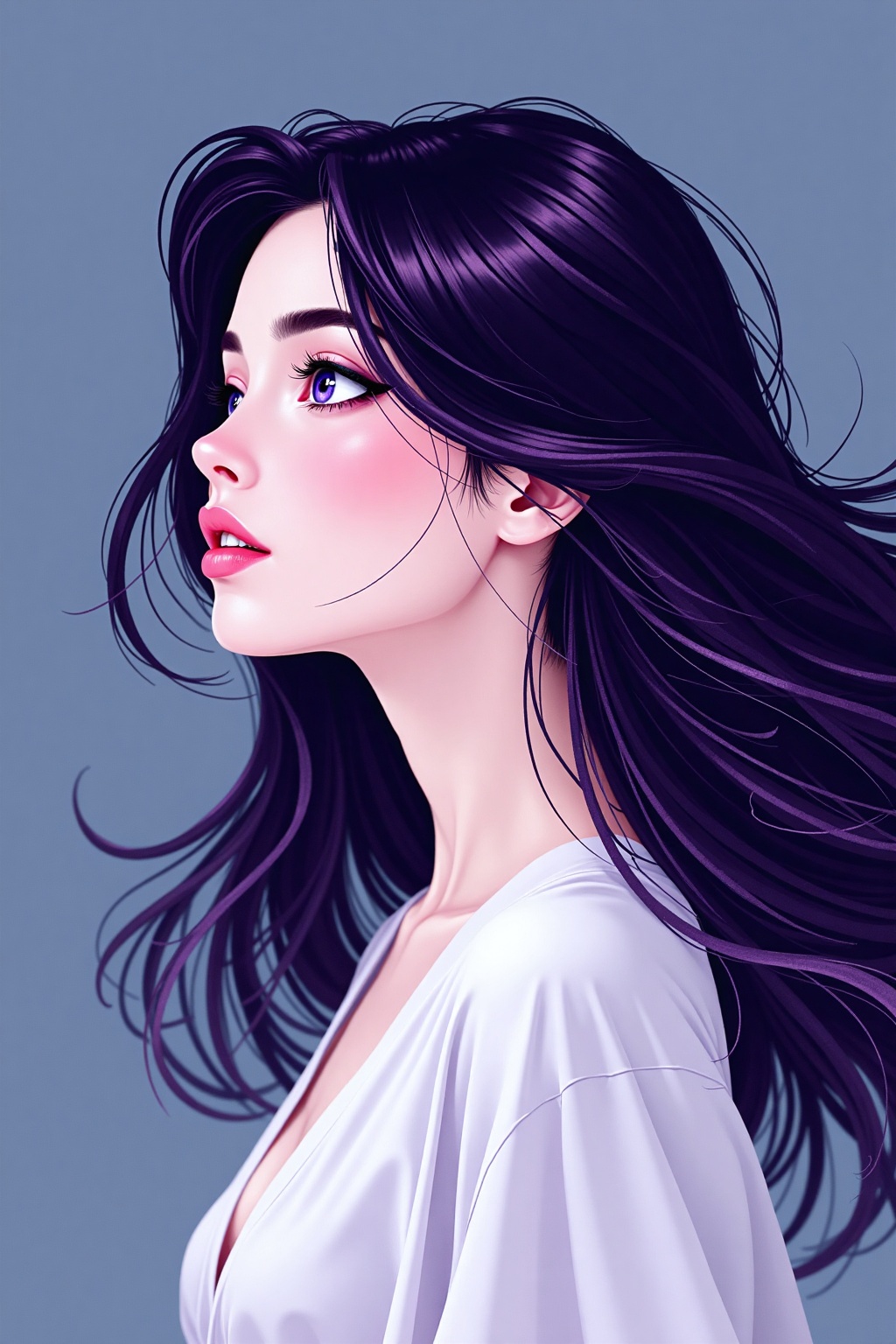 A stunning side profile emerges from a minimal steel blue background,  showcasing elegant manga-inspired artistry. Flowing...
