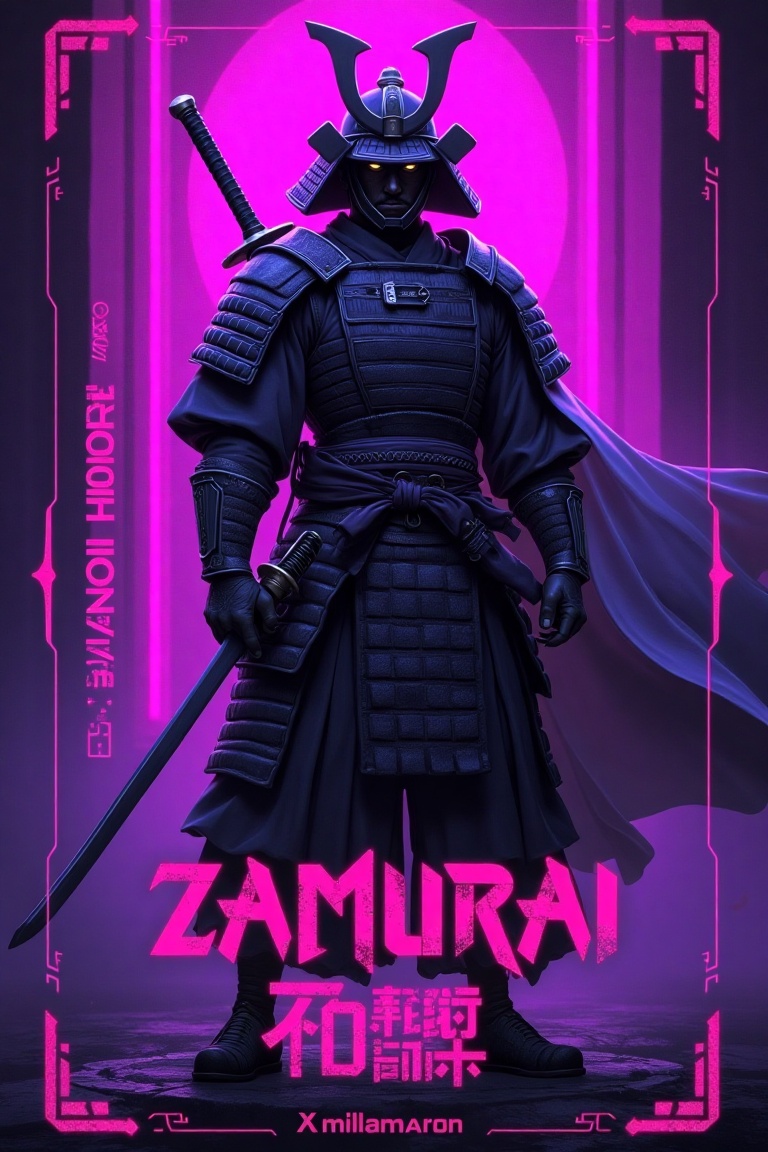 A noir neon dystopian poster with a UI game layout,  featuring iridescent neon text and elements. The main subject is a sa...