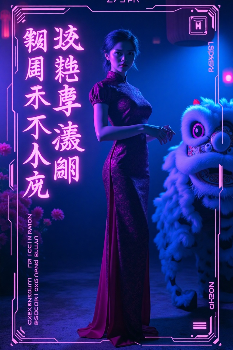 A noir neon dystopian poster with a UI game layout,  featuring purple neon text and elements. The main subject is a woman...