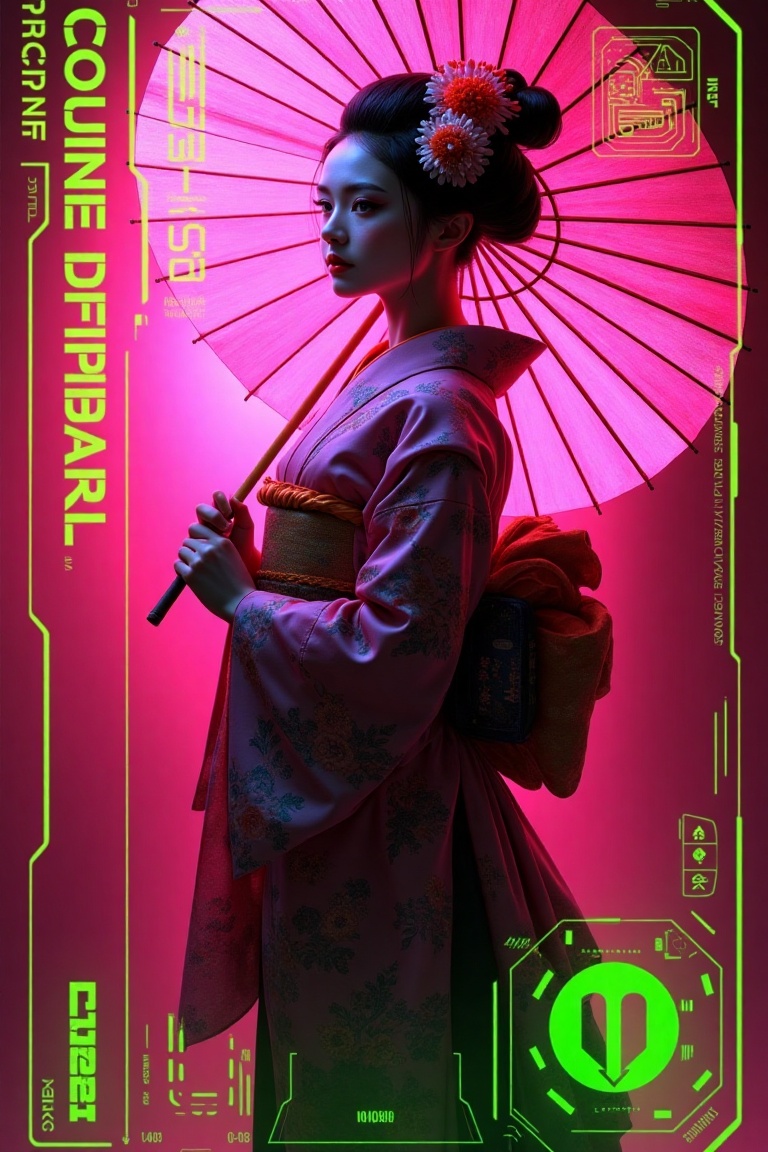 A noir neon dystopian poster with a UI game layout,  featuring green neon text and elements. The main subject is a Japanes...