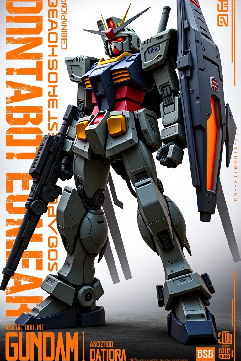 A noir neon dystopian poster with a UI game layout,  featuring orange neon text and elements. The main subject is a Gundam...