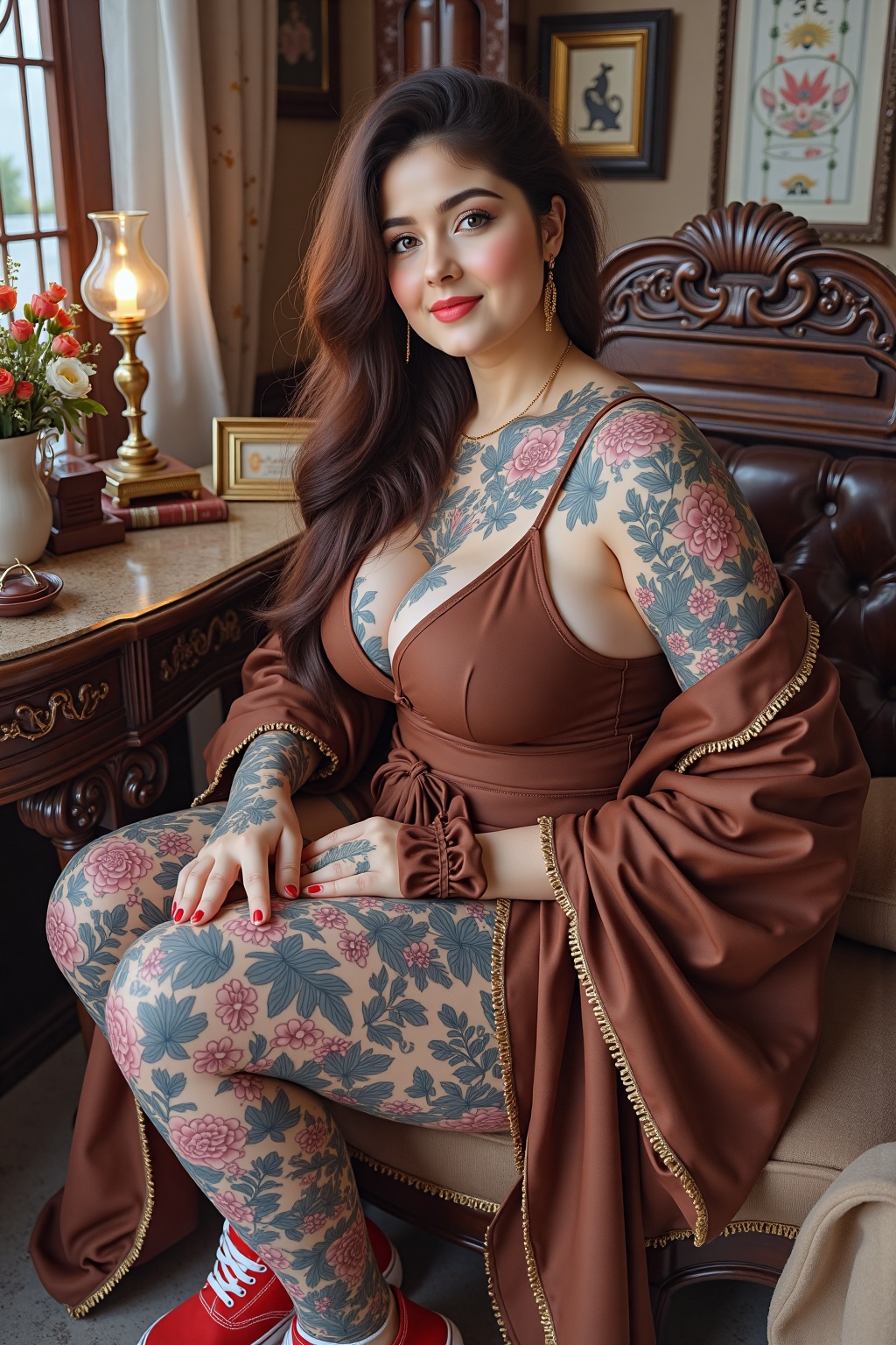 there is a woman sitting down with a longest brown hair,  bbwchan,  thicc on Tensor.Art