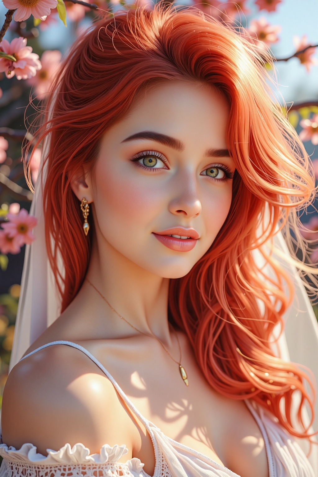 Flowing crimson locks dance in an invisible breeze,  creating a mesmerizing display of movement and light. Striking emeral...