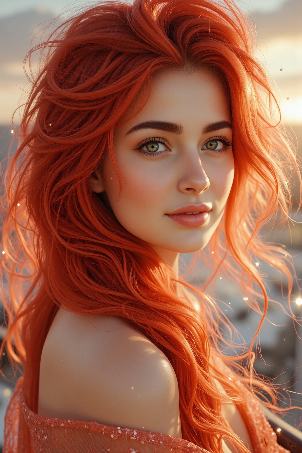 Flowing crimson locks dance in an invisible breeze,  creating a mesmerizing display of movement and light. Striking emeral...