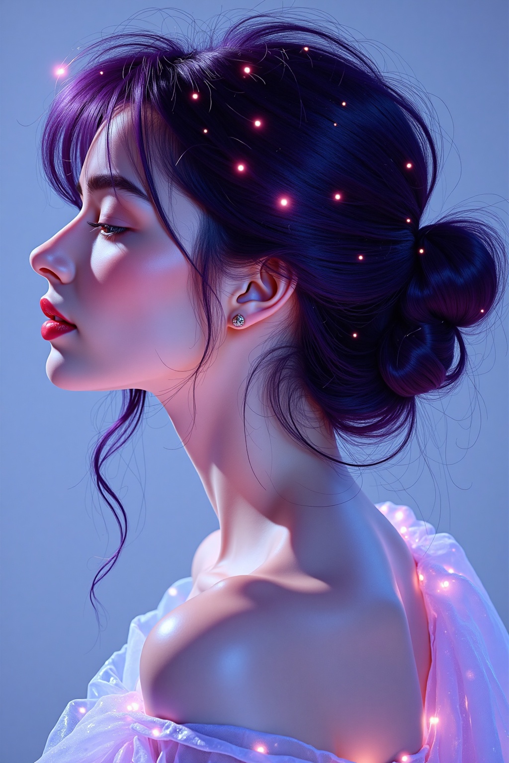 A stunning side profile emerges from a minimal steel blue background,  showcasing elegant manga-inspired artistry. Flowing...