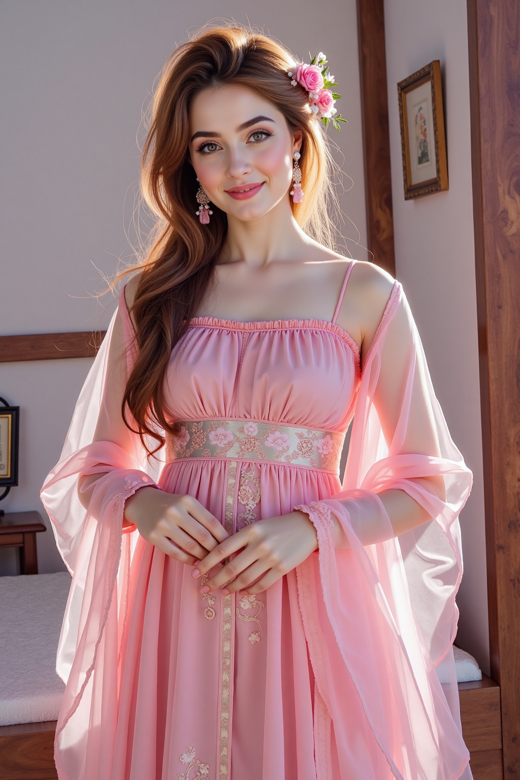 pink hanfu,  1girl,  fluffy brown hair on Tensor.Art